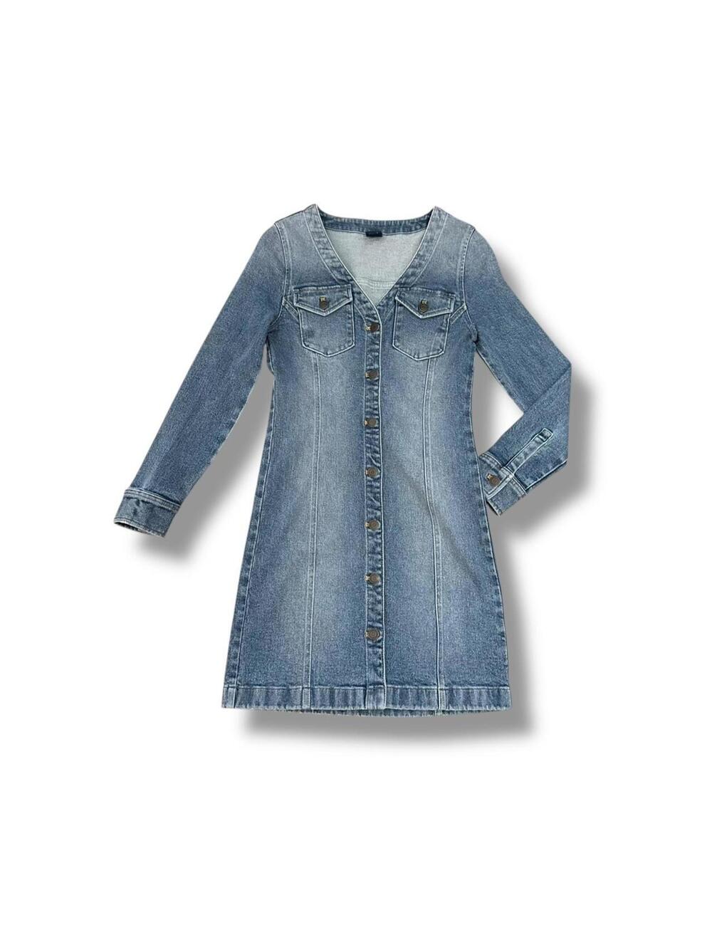 Medium Wash Denim Long Sleeve Button Up Dress